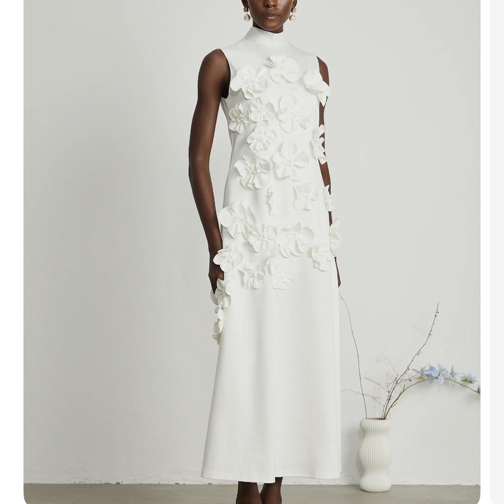 White Sleeveless Maxi Dress with Faux Flowers